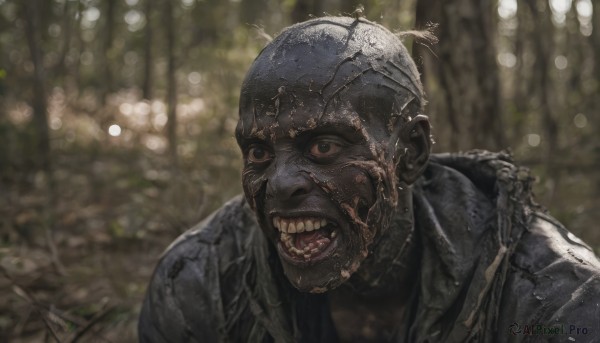 solo,looking at viewer,open mouth,1boy,jacket,upper body,male focus,outdoors,teeth,dark skin,blurry,black eyes,black jacket,mask,blurry background,dark-skinned male,portrait,realistic,bald,horror (theme),depth of field,scar,helmet,monster,zombie,leather jacket,mohawk