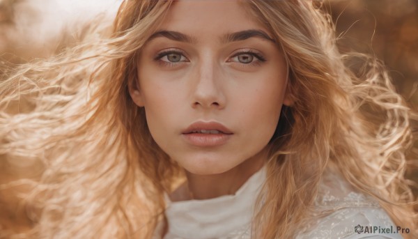 1girl,solo,long hair,looking at viewer,blonde hair,parted lips,teeth,lips,grey eyes,eyelashes,wavy hair,portrait,close-up,freckles,curly hair,realistic,nose,open mouth,bangs,brown hair,brown eyes,artist name,signature,blurry,dated,thick eyebrows,messy hair,brown background