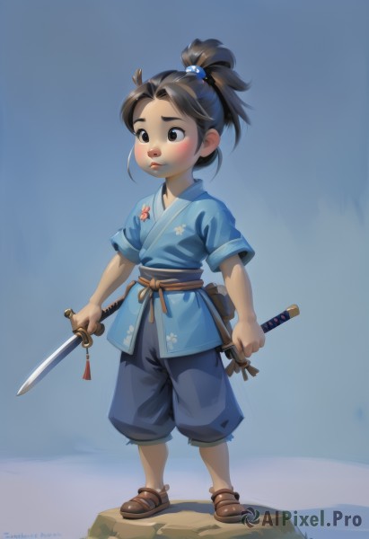 1girl,solo,simple background,brown hair,black hair,hair ornament,holding,brown eyes,closed mouth,standing,full body,ponytail,weapon,short sleeves,japanese clothes,shorts,pants,sword,artist name,signature,holding weapon,black eyes,blue background,holding sword,sandals,katana,knife,sheath,child,female child,male child,topknot,reverse grip,short sword,tantou,blush,short hair,lips,dual wielding