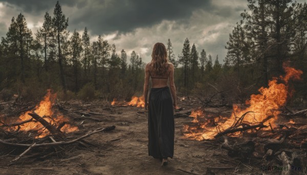 1girl,solo,long hair,skirt,brown hair,standing,outdoors,sky,barefoot,pants,cloud,from behind,tree,tattoo,muscular,back,cloudy sky,fire,nature,scenery,forest,arms at sides,facing away,bare tree,back tattoo,burning,bare shoulders,swimsuit,bikini,black skirt,bra,bikini top only,long skirt,wide shot