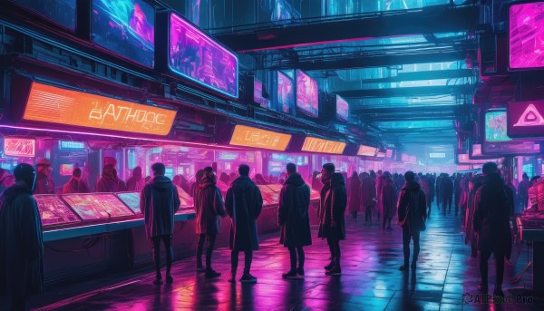 multiple girls,hat,standing,outdoors,multiple boys,hood,from behind,coat,night,6+girls,scenery,reflection,science fiction,6+boys,city,sign,crowd,shop,cyberpunk,reflective floor,neon lights,people,6+others,long hair,holding,indoors,bag,english text,backpack,light,road,cable,dark,television,wide shot,monitor,ambiguous gender