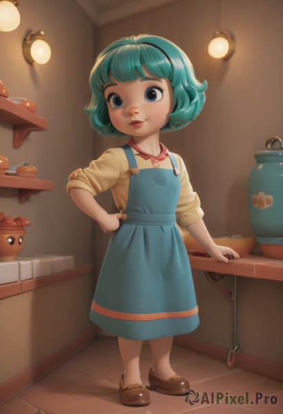 1girl,solo,looking at viewer,smile,short hair,bangs,blue eyes,shirt,dress,closed mouth,blue hair,standing,full body,hairband,food,green hair,shoes,artist name,indoors,signature,blunt bangs,blurry,apron,lips,blue skirt,hand on hip,aqua hair,blurry background,brown footwear,child,sleeves rolled up,yellow shirt,tiles,female child,tile floor,no socks,kitchen,blue apron,loafers,freckles