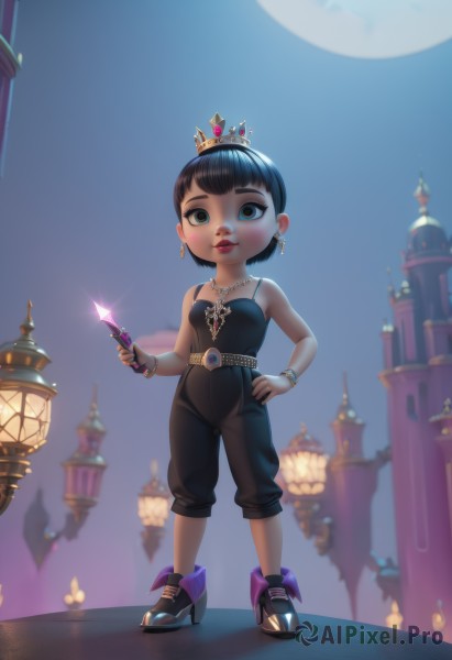 1girl,solo,looking at viewer,short hair,bangs,black hair,holding,brown eyes,jewelry,standing,full body,earrings,outdoors,parted lips,shoes,belt,pants,necklace,black footwear,black eyes,high heels,bracelet,lips,hand on hip,makeup,night,moon,crown,knife,lipstick,child,full moon,female child,blue eyes,weapon,black pants,holding knife,dagger