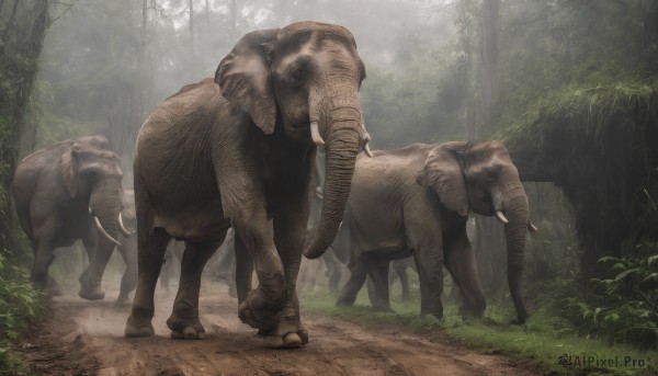 outdoors,horns,day,tree,no humans,animal,sunlight,grass,plant,nature,scenery,forest,walking,realistic,moss,goat,standing,animal focus,elephant