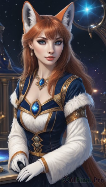 1girl,solo,long hair,breasts,looking at viewer,smile,bangs,blue eyes,large breasts,brown hair,gloves,long sleeves,dress,animal ears,cleavage,jewelry,medium breasts,very long hair,tail,earrings,sky,white gloves,necklace,mole,lips,fur trim,fox ears,makeup,night,fox tail,lipstick,fox girl,gem,star (sky),night sky,pendant,red lips,red hair,artist name,orange hair,blue dress,starry sky,realistic