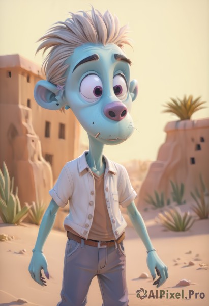 solo,shirt,1boy,jewelry,purple eyes,white shirt,male focus,earrings,outdoors,belt,pants,colored skin,denim,child,furry,freckles,jeans,blue skin,unbuttoned,furry male,male child,cactus,standing,white hair,short sleeves,grey hair,open clothes,collared shirt,artist name,blurry,bracelet,buttons,blurry background,plant,brown belt