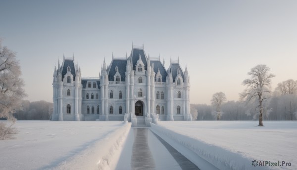 outdoors,sky,day,tree,no humans,window,shadow,building,scenery,snow,road,house,winter,bare tree,street,castle,grey sky,path,church,grass,bush,lamppost,tower,fog