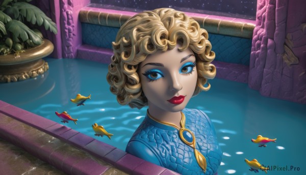 1girl,solo,looking at viewer,short hair,bangs,blue eyes,blonde hair,jewelry,closed mouth,upper body,water,lips,eyelashes,makeup,bird,animal,plant,lipstick,brooch,gem,portrait,eyeshadow,partially submerged,fish,curly hair,red lips,pool,potted plant,eyeliner,night,leaf,underwater