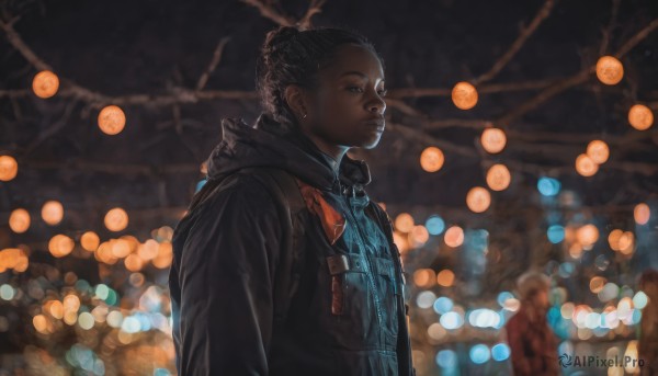 1girl, solo, short hair, black hair, jewelry, jacket, upper body, earrings, dark skin, hood, hair bun, blurry, dark-skinned female, hoodie, night, depth of field, blurry background, hood down, realistic, very dark skin