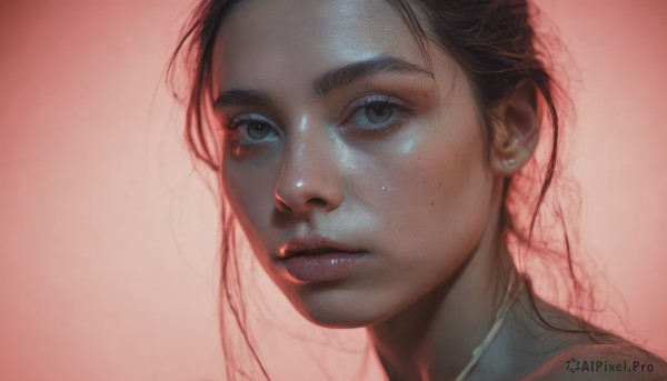 1girl,solo,looking at viewer,simple background,brown hair,black hair,brown eyes,parted lips,mole,black eyes,lips,mole under eye,pink background,portrait,freckles,realistic,nose,jewelry,closed mouth,earrings,shiny,gradient,gradient background,eyelashes,expressionless,red background,close-up