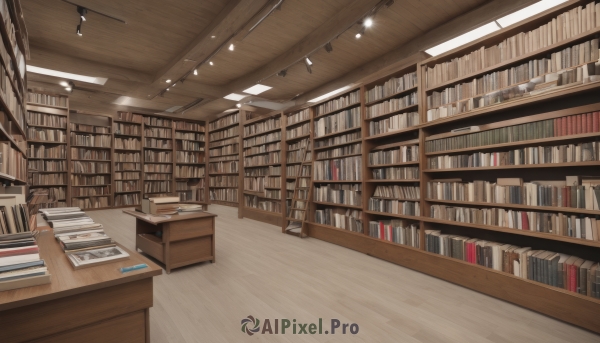 indoors,book,no humans,table,scenery,wooden floor,bookshelf,shelf,book stack,library,ceiling,ladder,ceiling light,chair,desk,paper,lamp