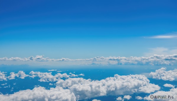 monochrome,outdoors,sky,day,cloud,water,blue sky,no humans,bird,ocean,cloudy sky,scenery,blue theme,horizon,signature,above clouds