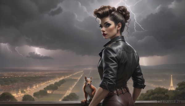 1girl,solo,looking at viewer,smile,short hair,brown hair,brown eyes,jacket,ass,outdoors,sky,belt,looking back,pants,cloud,hair bun,from behind,tree,lips,black jacket,makeup,ocean,animal,single hair bun,cat,cloudy sky,lipstick,dog,realistic,nose,red lips,cityscape,leather,lightning,leather jacket,black hair,jewelry,earrings,signature,night,scenery,sleeves rolled up,eyeshadow,rain,city,horizon,sleeves pushed up,city lights,updo