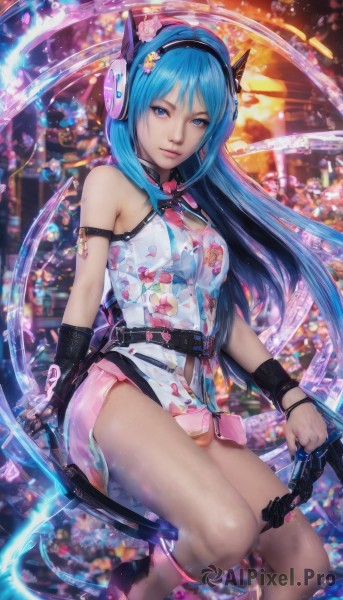 1girl,solo,long hair,breasts,looking at viewer,smile,blue eyes,hair ornament,dress,holding,bare shoulders,jewelry,medium breasts,sitting,underwear,blue hair,panties,weapon,flower,belt,hair flower,lips,clothing cutout,headgear,headphones,floral print,realistic,gloves,hairband,fingerless gloves,ring