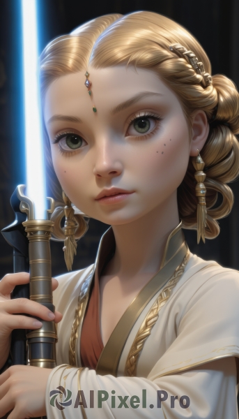 1girl,solo,looking at viewer,blonde hair,hair ornament,long sleeves,holding,jewelry,closed mouth,green eyes,upper body,weapon,braid,earrings,sword,hair bun,holding weapon,mole,lips,fingernails,grey eyes,eyelashes,mole under eye,holding sword,gem,sheath,forehead,freckles,robe,circlet,realistic,fantasy,glowing weapon,energy sword,white robe,glowing sword,lightsaber,nose