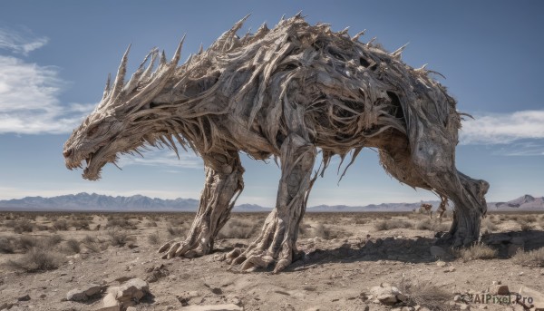 open mouth,outdoors,sky,teeth,day,cloud,blue sky,no humans,sharp teeth,scenery,claws,spikes,monster,mountain,sand,desert,dinosaur,from side,rock