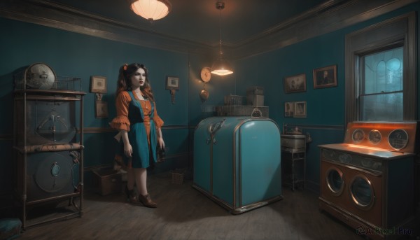 1girl,solo,long hair,skirt,brown hair,shirt,black hair,long sleeves,holding,twintails,jewelry,standing,ponytail,boots,shoes,indoors,bag,black footwear,blue skirt,window,night,chair,suspenders,scenery,clock,lamp,wide shot,orange shirt,suitcase,luggage,looking at viewer,dress,closed mouth,full body,necklace,book,brown footwear,table,cat,light,painting (object),ceiling light,radio