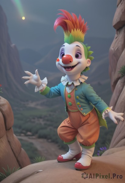 solo,looking at viewer,smile,open mouth,shirt,long sleeves,1boy,standing,purple eyes,jacket,full body,flower,male focus,multicolored hair,boots,outdoors,green hair,open clothes,sky,teeth,pants,vest,open jacket,grass,furry,waving,rainbow,clown,1girl,short hair,red hair,frills,shoes,day,artist name,cloud,hand up,nail polish,two-tone hair,tree,gradient hair,night,buttons,leaf,watermark,happy,white footwear,web address,rock,facepaint,mohawk