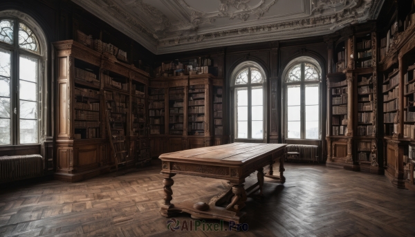 day,indoors,tree,book,no humans,window,chair,table,sunlight,scenery,wooden floor,stairs,bookshelf,shelf,book stack,library,chandelier,wooden chair,snow,desk,candle,bare tree,candlestand