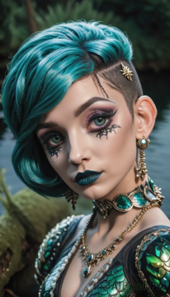 1girl,solo,breasts,looking at viewer,short hair,hair ornament,cleavage,jewelry,closed mouth,green eyes,blue hair,upper body,multicolored hair,earrings,small breasts,outdoors,green hair,choker,artist name,signature,necklace,blurry,two-tone hair,aqua eyes,tree,lips,eyelashes,aqua hair,makeup,depth of field,blurry background,watermark,lipstick,gem,portrait,web address,close-up,pendant,eyeshadow,freckles,realistic,nose,eyeliner,mascara,blue lips,green lips,green gemstone,medium breasts,hairclip,water,facial mark