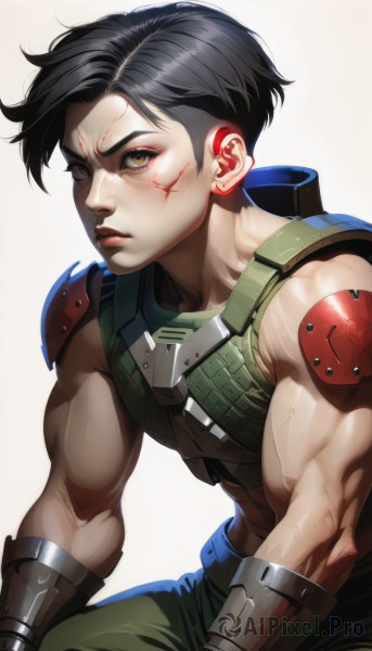 solo,looking at viewer,short hair,simple background,black hair,gloves,1boy,white background,brown eyes,jewelry,yellow eyes,male focus,earrings,parted lips,sleeveless,belt,pants,armor,lips,blood,muscular,scar,abs,muscular male,shoulder armor,scar on face,veins,injury,nose,biceps,green pants,1girl,closed mouth,serious,blood on face,muscular female,very short hair,cuts,veiny arms