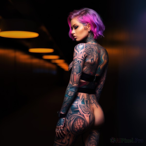 1girl,solo,breasts,looking at viewer,short hair,blue eyes,gloves,jewelry,medium breasts,standing,pink hair,purple hair,ass,nude,multicolored hair,cowboy shot,earrings,looking back,fingerless gloves,from behind,nail polish,two-tone hair,lips,tattoo,profile,makeup,back,piercing,ring,lipstick,ear piercing,black nails,eyeshadow,nose,eyeliner,arm tattoo,leg tattoo,mascara,back tattoo,full-body tattoo,underwear,small breasts,gradient hair,fishnets,stud earrings,undercut,thumb ring,cyberpunk,neck tattoo,eyebrow piercing