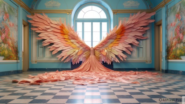 flower,wings,artist name,indoors,no humans,window,blood,watermark,sunlight,scenery,feathered wings,door,tiles,tile floor,checkered floor,painting (object),stained glass,reflective floor,solo,day,plant,angel wings,multiple wings,spread wings