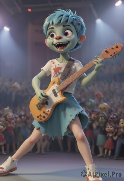 1girl,smile,short hair,open mouth,skirt,shirt,holding,blue hair,standing,full body,white shirt,short sleeves,shoes,teeth,solo focus,indoors,pink eyes,blue skirt,torn clothes,colored skin,white footwear,sharp teeth,t-shirt,sneakers,instrument,child,music,guitar,female child,green skin,very short hair,playing instrument,holding instrument,electric guitar,zombie,crowd,stage,spotlight,goblin,solo,multiple girls,hair ornament,1boy,:d,male focus,green hair,blurry,blurry background,freckles,male child,dancing,stage lights,concert,kappa