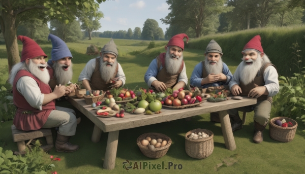 long hair,smile,open mouth,shirt,long sleeves,hat,holding,sitting,white shirt,white hair,male focus,boots,outdoors,food,multiple boys,sky,day,belt,pants,vest,tree,fruit,facial hair,chair,brown footwear,table,grass,nature,red headwear,beard,forest,6+boys,4boys,mustache,apple,basket,5boys,mushroom,old,old man,tomato,closed eyes,:d,cloud,blue sky,bug,fantasy,coin,grapes