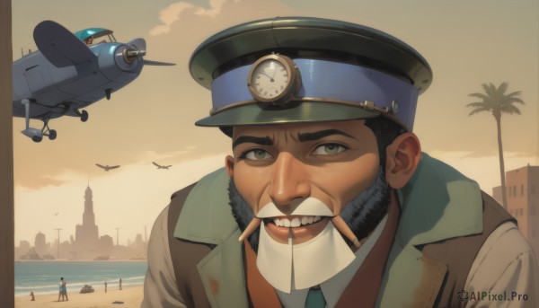 solo,looking at viewer,short hair,shirt,black hair,1boy,hat,green eyes,jacket,white shirt,male focus,outdoors,multiple boys,necktie,sky,teeth,collared shirt,dark skin,uniform,vest,tree,military,facial hair,bird,ocean,mouth hold,beach,dark-skinned male,building,beard,blue headwear,cigarette,city,aircraft,mustache,palm tree,smoking,airplane,cigar,police hat,jet,helicopter,smile,upper body,day,cloud,water,grin,coat,thick eyebrows,cloudy sky,portrait,meme,military hat,realistic,sand,brown coat,brown vest,shore,teeth hold