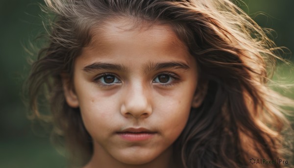 1girl,solo,long hair,looking at viewer,brown hair,brown eyes,parted lips,blurry,lips,eyelashes,floating hair,messy hair,portrait,close-up,realistic,nose,closed mouth,expressionless,freckles