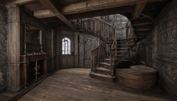 day,indoors,no humans,window,bed,chair,table,sunlight,scenery,wooden floor,stairs,door,railing,candle,architecture,pillar,cage,carpet,arch,candlestand,chandelier,plant,ruins,wood