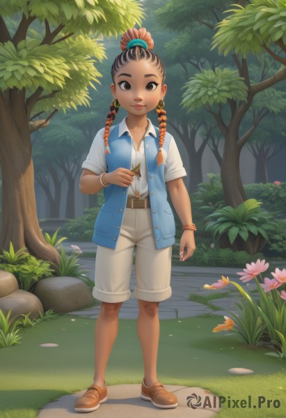 1girl,solo,long hair,looking at viewer,smile,brown hair,shirt,black hair,hair ornament,holding,brown eyes,jewelry,closed mouth,standing,full body,white shirt,braid,flower,short sleeves,earrings,outdoors,open clothes,shoes,shorts,day,belt,dark skin,vest,twin braids,bracelet,dark-skinned female,tree,lips,brown footwear,grass,child,nature,forest,white shorts,rock,holding flower,female child,blue vest,very dark skin,dreadlocks,multiple braids,twintails,jacket,collared shirt,artist name,black eyes,open jacket,dress shirt,shadow,sunlight,scrunchie,thick eyebrows,plant,hair bobbles,blue jacket,sneakers,hair over shoulder,forehead,pink flower,brown belt,bush,partially unbuttoned,orange footwear,path,garden