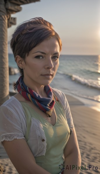 1girl,solo,breasts,looking at viewer,short hair,brown hair,shirt,brown eyes,jewelry,upper body,short sleeves,earrings,small breasts,outdoors,day,belt,dark skin,water,necklace,scarf,blurry,dark-skinned female,lips,depth of field,blurry background,ocean,beach,freckles,realistic,nose,stud earrings,watercraft,smile,blouse,backlighting,boat