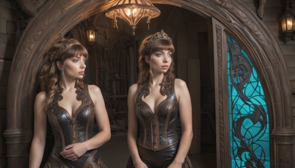 1girl,solo,long hair,breasts,bangs,blue eyes,brown hair,cleavage,bare shoulders,jewelry,medium breasts,collarbone,braid,earrings,sleeveless,indoors,mole,lips,tiara,corset,reflection,lantern,mirror,realistic,stained glass,arch,different reflection,multiple girls,large breasts,dress,2girls,window,drill hair,curly hair,fantasy