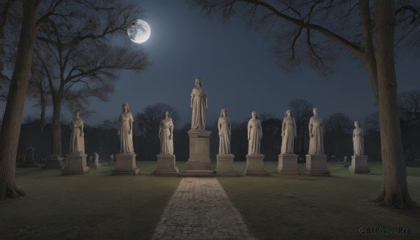 outdoors,sky,tree,no humans,night,moon,grass,night sky,scenery,full moon,bare tree,statue,moonlight,tombstone,graveyard,grave,cloud,path,stone lantern