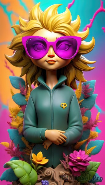 1girl,solo,long hair,smile,blonde hair,long sleeves,jacket,closed eyes,upper body,flower,parted lips,teeth,makeup,leaf,sunglasses,lipstick,spiked hair,facing viewer,furry,track jacket,purple flower,tinted eyewear,purple-tinted eyewear,lips,aged down,zipper,track suit