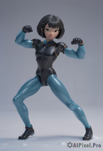 1girl,solo,breasts,looking at viewer,short hair,bangs,simple background,black hair,gloves,brown eyes,standing,full body,small breasts,shoes,black gloves,dark skin,blunt bangs,black eyes,dark-skinned female,lips,bodysuit,covered navel,bob cut,skin tight,clenched hands,fighting stance,latex,muscular