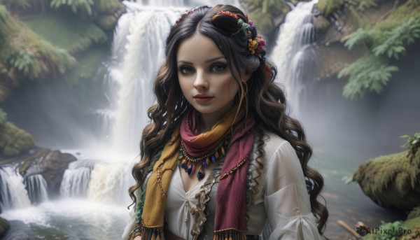 1girl,solo,long hair,breasts,looking at viewer,blue eyes,brown hair,black hair,hair ornament,dress,cleavage,jewelry,medium breasts,upper body,flower,outdoors,parted lips,hair flower,water,necklace,scarf,blurry,black eyes,tree,lips,wet,see-through,makeup,wavy hair,sunlight,nature,forest,curly hair,red scarf,rock,realistic,nose,red lips,fringe trim,river,waterfall,brown eyes