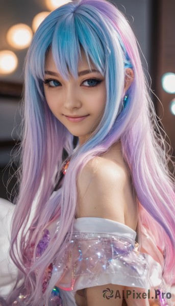 1girl,solo,long hair,breasts,looking at viewer,smile,bangs,blue eyes,dress,bare shoulders,jewelry,medium breasts,closed mouth,blue hair,upper body,pink hair,multicolored hair,earrings,off shoulder,blurry,from side,two-tone hair,lips,see-through,looking to the side,gradient hair,blurry background,gem,freckles,realistic,nose,artist name,bracelet,eyelashes