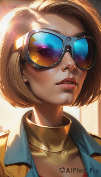 1girl,solo,breasts,looking at viewer,short hair,blonde hair,brown hair,cleavage,jewelry,jacket,upper body,parted lips,choker,artist name,lips,eyelashes,makeup,sunlight,sunglasses,bob cut,lipstick,goggles,portrait,close-up,eyeshadow,backlighting,goggles on head,realistic,nose,red lips,eyeliner,tinted eyewear,neck ring,mascara,collarbone,teeth,shiny,blurry,forehead,lens flare,round eyewear,lip biting,blue-tinted eyewear