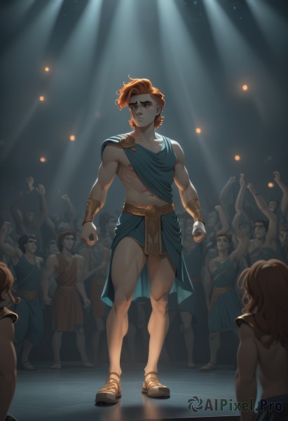 short hair,brown hair,1boy,jewelry,standing,full body,male focus,earrings,multiple boys,solo focus,artist name,orange hair,armor,arms up,muscular,abs,sandals,thick eyebrows,pectorals,muscular male,clenched hands,6+boys,light,bracer,dancing,single bare shoulder,crowd,stage,tunic,spotlight,greek clothes,multiple girls,navel,closed mouth,nipples,red hair,cape,people