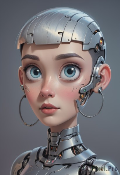 1girl,solo,looking at viewer,short hair,bangs,blue eyes,simple background,grey hair,parted lips,blunt bangs,grey background,lips,eyelashes,makeup,headgear,portrait,freckles,science fiction,realistic,nose,android,joints,cable,very short hair,cyborg,robot joints,cyberpunk,mechanical parts,shiny,thick eyebrows,close-up,headset,eyeliner,mascara,earpiece