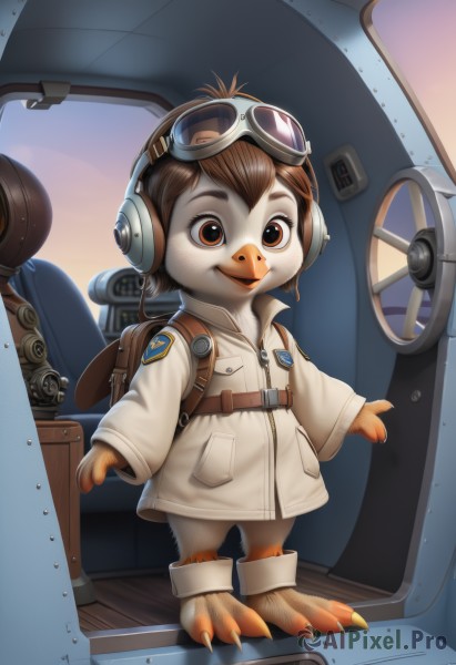 solo,looking at viewer,smile,brown hair,1boy,brown eyes,standing,full body,male focus,belt,bag,bird,headphones,backpack,goggles,child,furry,goggles on head,male child,short hair,animal ears,zipper,headset,furry male,cockpit,pilot