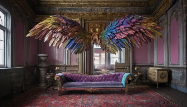 wings,day,indoors,book,no humans,window,chair,table,sunlight,curtains,scenery,couch,wooden floor,stairs,fantasy,door,lamp,candle,armchair,painting (object),carpet,candlestand,rug,phonograph,bed,plant,bowl,kitchen,sink,spread wings,drawer,cabinet,chandelier,stove,tablecloth,chalice