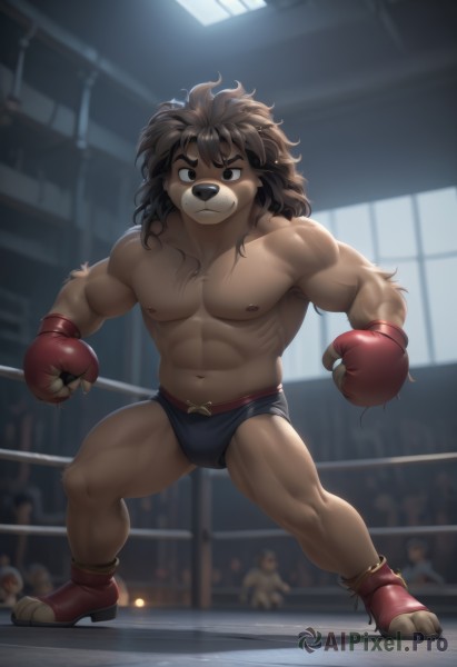 solo,long hair,looking at viewer,brown hair,gloves,1boy,navel,animal ears,brown eyes,nipples,standing,full body,male focus,thighs,multiple boys,shorts,solo focus,indoors,fingerless gloves,stomach,black eyes,muscular,thick thighs,abs,thick eyebrows,pectorals,muscular male,red footwear,bara,furry,large pectorals,bulge,topless male,furry male,crowd,brown fur,wrestling outfit,boxing gloves,wrestling ring,short hair,closed mouth,collarbone,tail,boots,artist name,blurry,blurry background,watermark,red gloves,clenched hands,fighting stance,male underwear