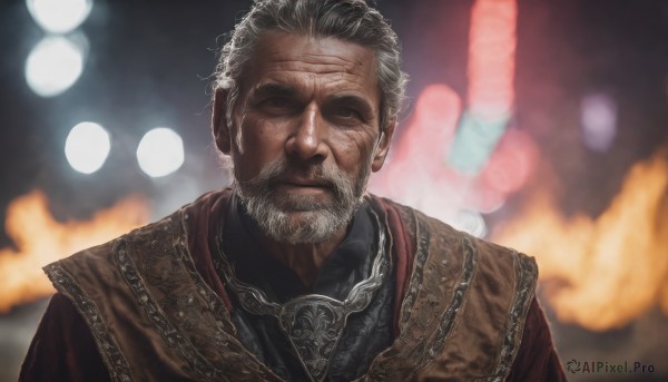 solo,looking at viewer,short hair,1boy,closed mouth,upper body,white hair,grey hair,male focus,blurry,black eyes,depth of field,blurry background,facial hair,scar,fire,portrait,beard,scar on face,realistic,old,old man,wrinkled skin,black hair,scar across eye,bokeh