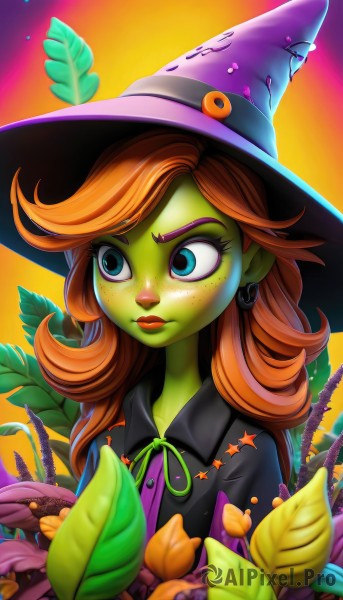 1girl,solo,long hair,blue eyes,brown hair,shirt,hat,ribbon,jewelry,closed mouth,green eyes,upper body,flower,red hair,earrings,collared shirt,star (symbol),orange hair,lips,looking to the side,eyelashes,neck ribbon,makeup,witch hat,buttons,colored skin,leaf,looking away,plant,lipstick,eyeshadow,freckles,curly hair,nose,witch,flipped hair,green skin