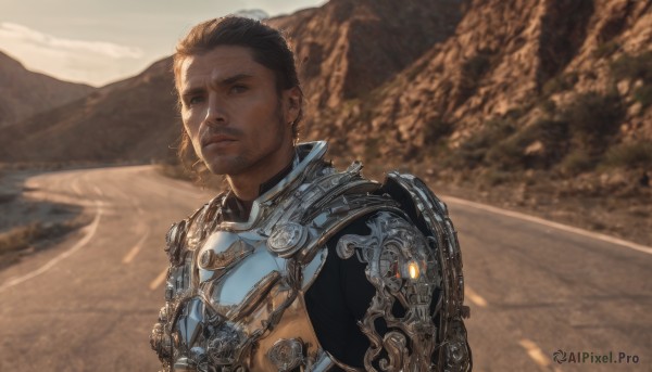 solo,looking at viewer,short hair,brown hair,black hair,1boy,closed mouth,upper body,male focus,outdoors,hair bun,armor,blurry,black eyes,lips,blurry background,facial hair,shoulder armor,pauldrons,breastplate,mountain,realistic,stubble,chainmail,blue eyes,brown eyes,day,dark skin,beard,sand,desert