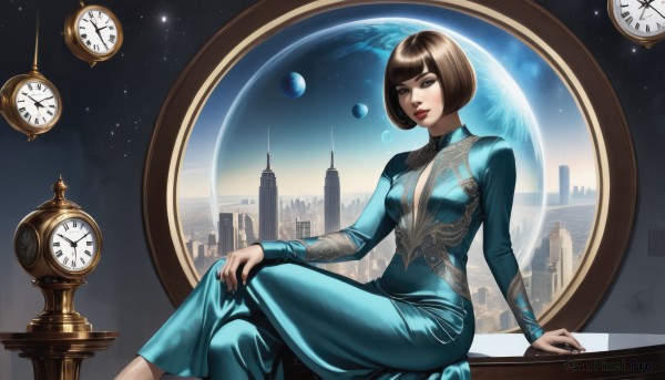 1girl,solo,breasts,looking at viewer,short hair,bangs,brown hair,long sleeves,dress,brown eyes,medium breasts,sitting,sky,artist name,blunt bangs,nail polish,lips,window,makeup,feet out of frame,blue dress,arm support,watermark,moon,bob cut,crossed legs,lipstick,star (sky),eyeshadow,starry sky,city,nose,long dress,clock,red lips,space,hand on own knee,planet,earth (planet),roman numeral,globe,night,swept bangs,building,black nails,cityscape